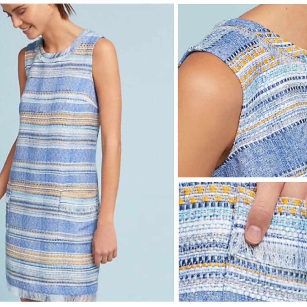 Anthropologie 0 Akemi + Kin Blue Tweed Sleeveless Dress Shift Fringe Stripe